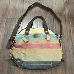 Manjianghong Striped Canvas Shoulder Bag Leather Trim